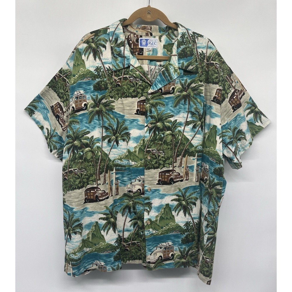 RJC Vintage Print Aloha Hawaiian Shirt Woody Car Surf Board  Limited Run Size 4X